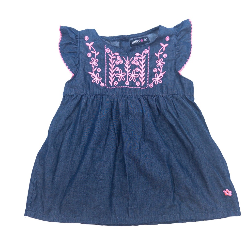 Limited Too Girls Dress 4T Denim Blue Pink Floral Embroidered